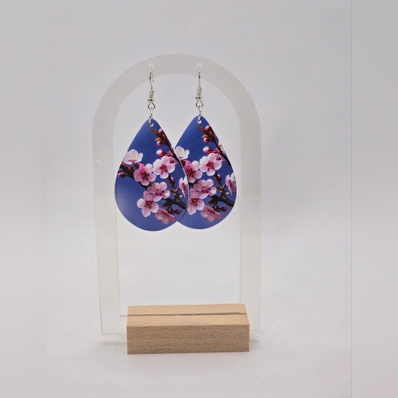 Cherry Blossoms Teardrop Earrings Faux Leather Blue With Pink & White - Picture 3 of 4